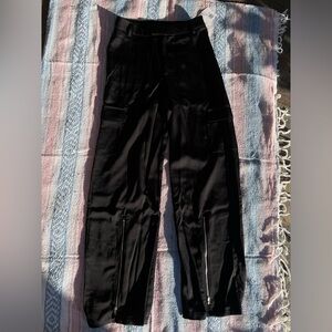 Women’s black satin cargo pants with zippers